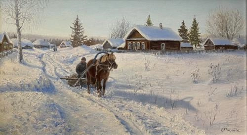 Картина Масло Зимний день в деревне художника Тикунова Ольга 