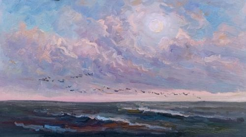 Картина Масло Розовые облака. Птицы летят над водой. Пленэр ZhNataly художника Журавлёва Наталья