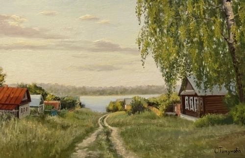 Картина Масло Деревня на берегу реки художника Тикунова Ольга