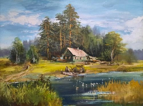Картина Масло Домик у пруда художника Леднев Александр