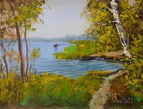 Картина Масло Берёза на берегу художника Леднев Александр
