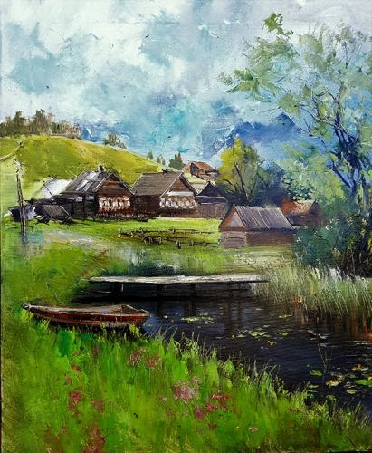 Картина Масло Речка.Банька.Мостик.Лодочка художника Леднев Александр