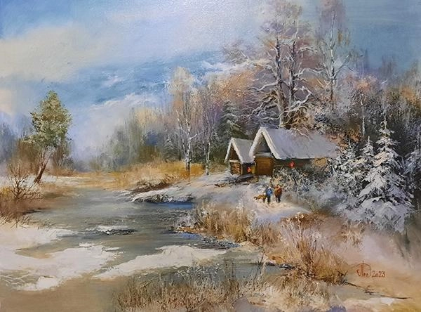 Картина Масло Домики у реки художника Леднев Александр
