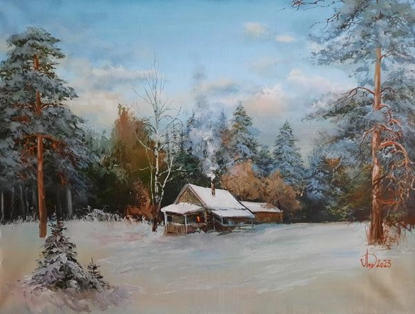 Картина Масло Январь на турбазе художника Леднев Александр