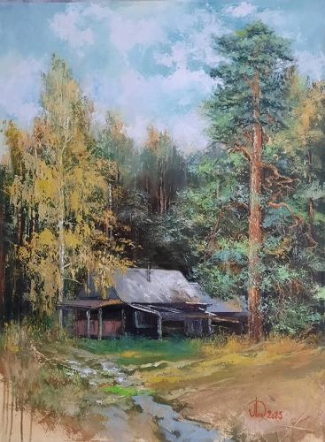 Картина Масло Сентябрь на турбазе художника Леднев Александр