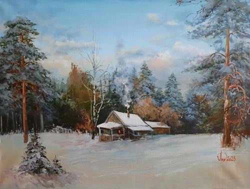 Картина Масло Январь на турбазе художника Леднев Александр