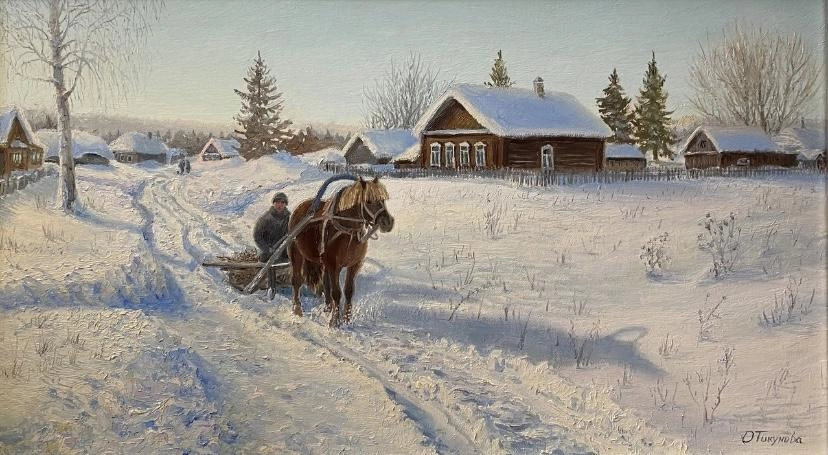 Картина Масло Зимний день в деревне художника Тикунова Ольга 