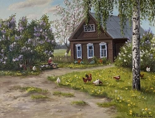 Картина Масло Расцвела сирень у дома художника Тикунова Ольга