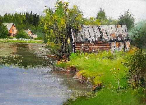 Картина Масло Банька на реке Утка художника Леднев Александр