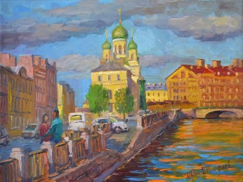 Картина Масло Вид на Исидоровскую церковь и Могилёвский мост. Майский вечер.  художника Иван Шиханов